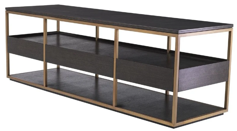Casa Padrino Luxus TV Schrank Mokka / Messing 180 x 55 x H. 61 cm - Massivholz Sideboard mit 3 Schubladen - Wohnzimmer Möbel - Hotel Möbel - Luxus Kollektion