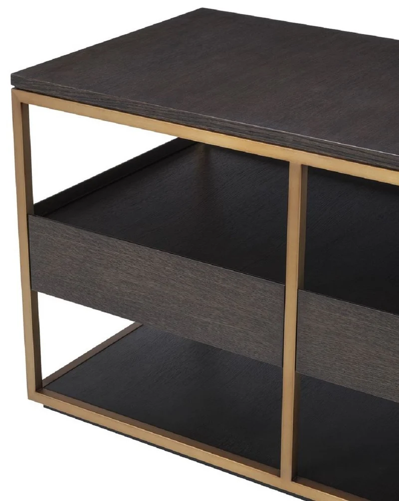 Casa Padrino Luxus TV Schrank Mokka / Messing 180 x 55 x H. 61 cm - Massivholz Sideboard mit 3 Schubladen - Wohnzimmer Möbel - Hotel Möbel - Luxus Kollektion