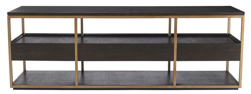 Casa Padrino Luxus TV Schrank Mokka / Messing 180 x 55 x H. 61 cm - Massivholz Sideboard mit 3 Schubladen - Wohnzimmer Möbel - Hotel Möbel - Luxus Kollektion