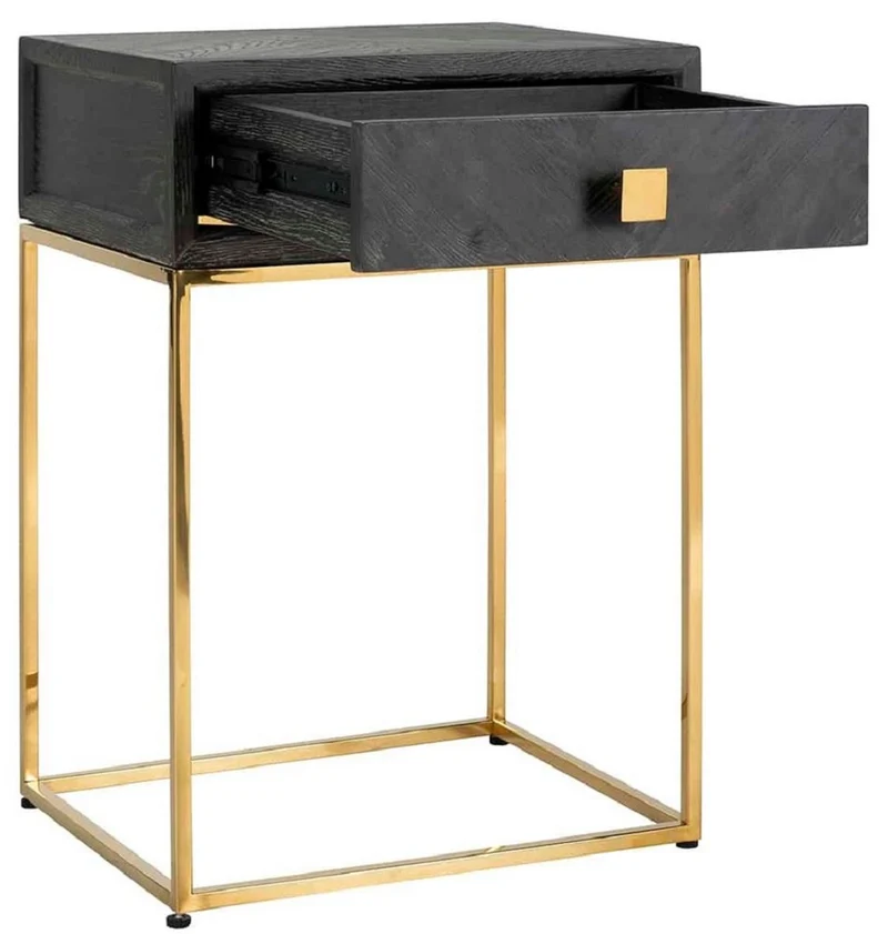 Casa Padrino Luxus Beistelltisch Schwarz / Gold 50 x 40 x H. 71 cm - Massivholz Nachttisch mit Schublade und Edelstahl Gestell - Luxus Schlafzimmer Möbel