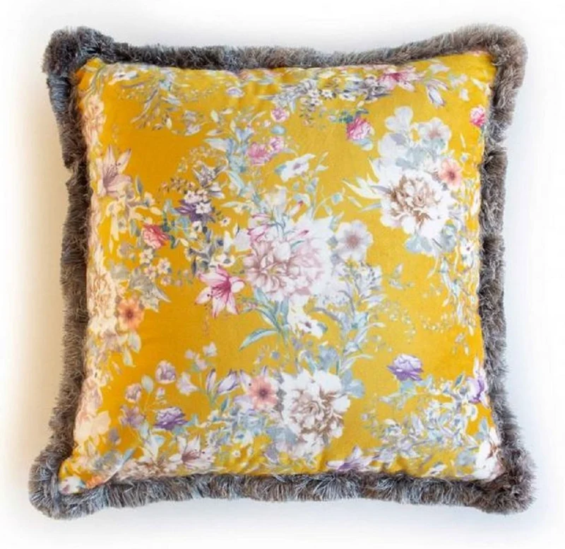 Casa Padrino Luxus Deko Kissen Blumen Design Gelb / Mehrfarbig / Grau 45 x 45 cm - Bedrucktes Samt Kissen mit Fransen - Deko Accessoires