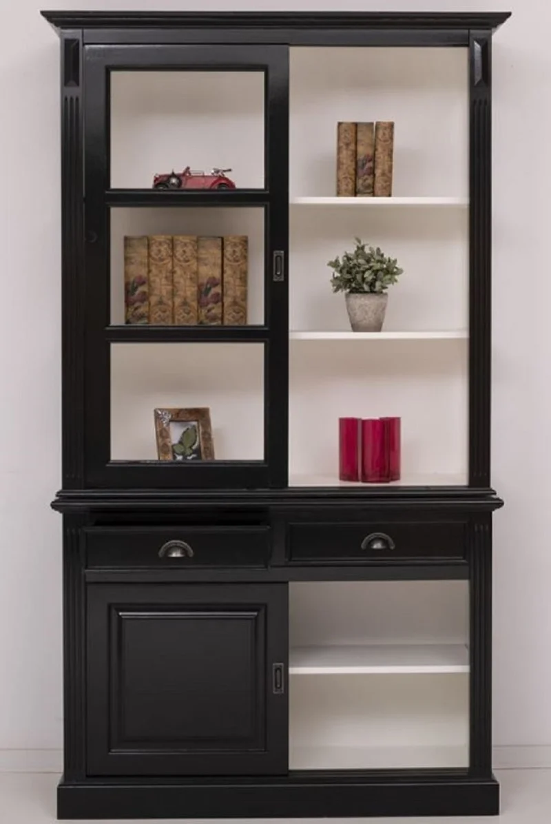 Casa Padrino Landhausstil Schrank Schwarz / Weiß 128 x 51 x H. 220 cm - Massivholz Vitrine mit 4 Schiebetüren und 2 Schubladen - Landhausstil Massivholz Möbel