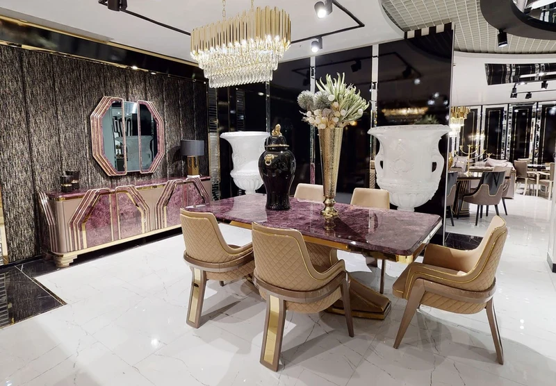 Casa Padrino Luxus Art Deco Esstisch Lila / Beige / Gold - Handgefertigter Massivholz Küchentisch mit Tischplatte in Marmoroptik - Art Deco Esszimmer Möbel