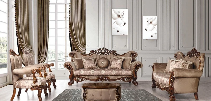 Casa Padrino Luxus Barock Wohnzimmer Set Grau / Braun / Gold - 2 Barock Sofas mit Muster & 2 Barock Sessel mit Muster & 1 Barock Couchtisch - Barock Wohnzimmer Möbel
