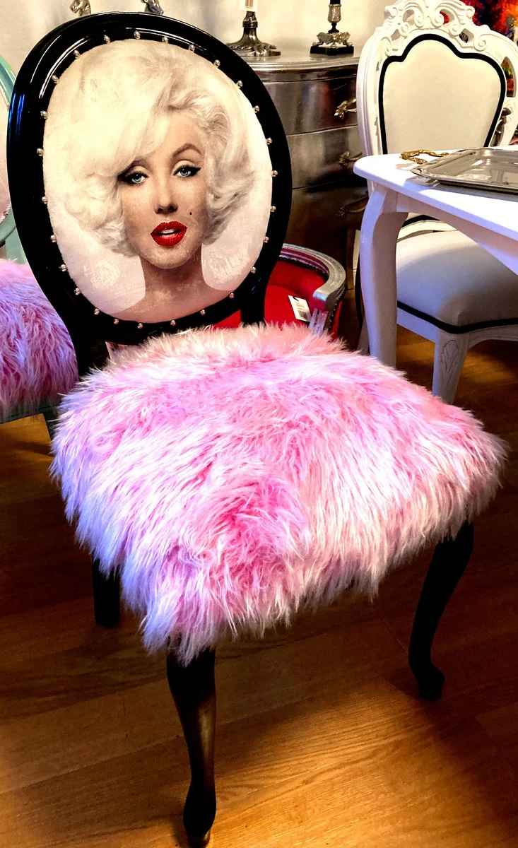 Casa Padrino Luxus Barock Esszimmer Stuhl Marilyn Monroe Rosa / Schwarz - Handgefertigter Pop Art Designer Stuhl mit Kunstfell - Barock Esszimmer Möbel