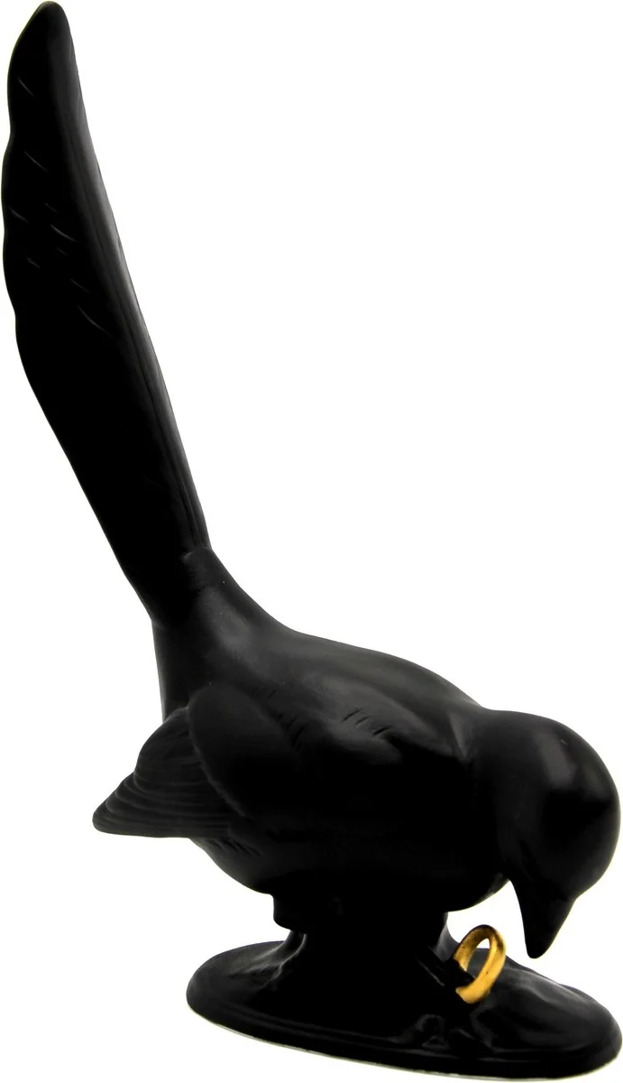 Casa Padrino Luxus Porzellan Skulptur Rabe mit Goldring Schwarz / Gold 17 x 7 x H. 47 cm - Reichenbach Porzellan - Made in Germany