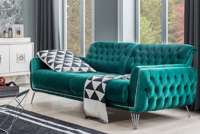 Casa Padrino Luxus Chesterfield Schlafsofa Grün / Silber 230 x 95 x H. 75 cm - Modernes Wohnzimmer Sofa - Chesterfield Wohnzimmer Möbel