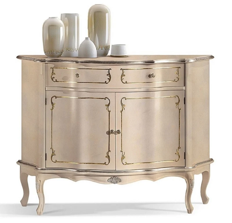 Casa Padrino Luxus Barock Sideboard Beige / Silber / Gold - Prunkvoller Massivholz Schrank mit 2 Türen und Schublade - Barock Wohnzimmer & Hotel Möbel - Luxus Qualität - Made in Italy