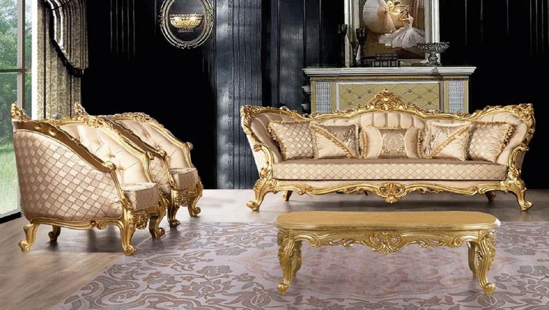 Casa Padrino Luxus Barock Wohnzimmer Set Gold - 2 Barock Sofas mit Muster & 2 Barock Sessel mit Muster & 1 Barock Couchtisch - Prunkvolle Barock Wohnzimmer Möbel