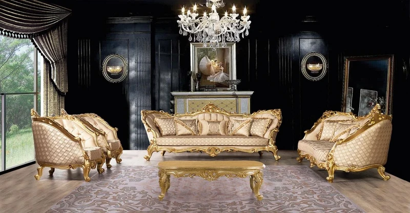 Casa Padrino Luxus Barock Wohnzimmer Set Gold - 2 Barock Sofas mit Muster & 2 Barock Sessel mit Muster & 1 Barock Couchtisch - Prunkvolle Barock Wohnzimmer Möbel