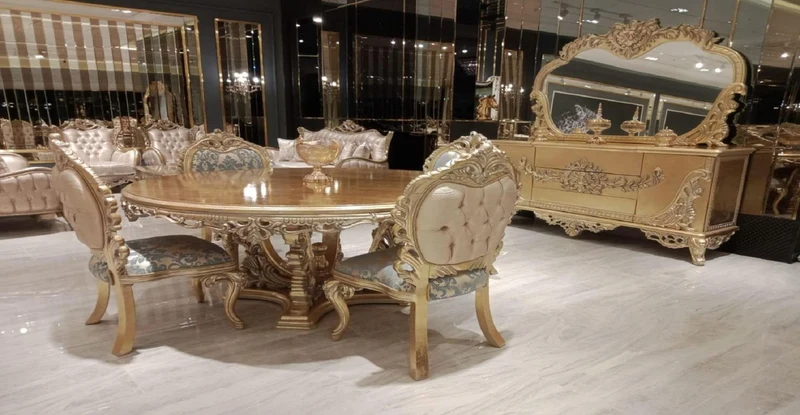 Casa Padrino Luxus Barock Esszimmer Set Türkis / Rosa / Gold - 1 Barock Esstisch & 4 Barock Esszimmerstühle - Esszimmer Möbel im Barockstil - Edel & Prunkvoll