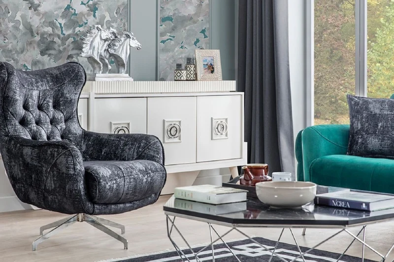 Casa Padrino Luxus Chesterfield Drehsessel Schwarz / Grau / Silber 86 x 82 x H. 100 cm - Wohnzimmer Sessel - Chesterfield Wohnzimmer Möbel