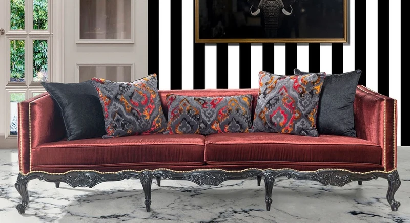 Casa Padrino Luxus Barock Sofa Bordeauxrot / Schwarz / Gold - Prunkvolles Wohnzimmer Sofa im Barockstil - Barock Wohnzimmer Möbel