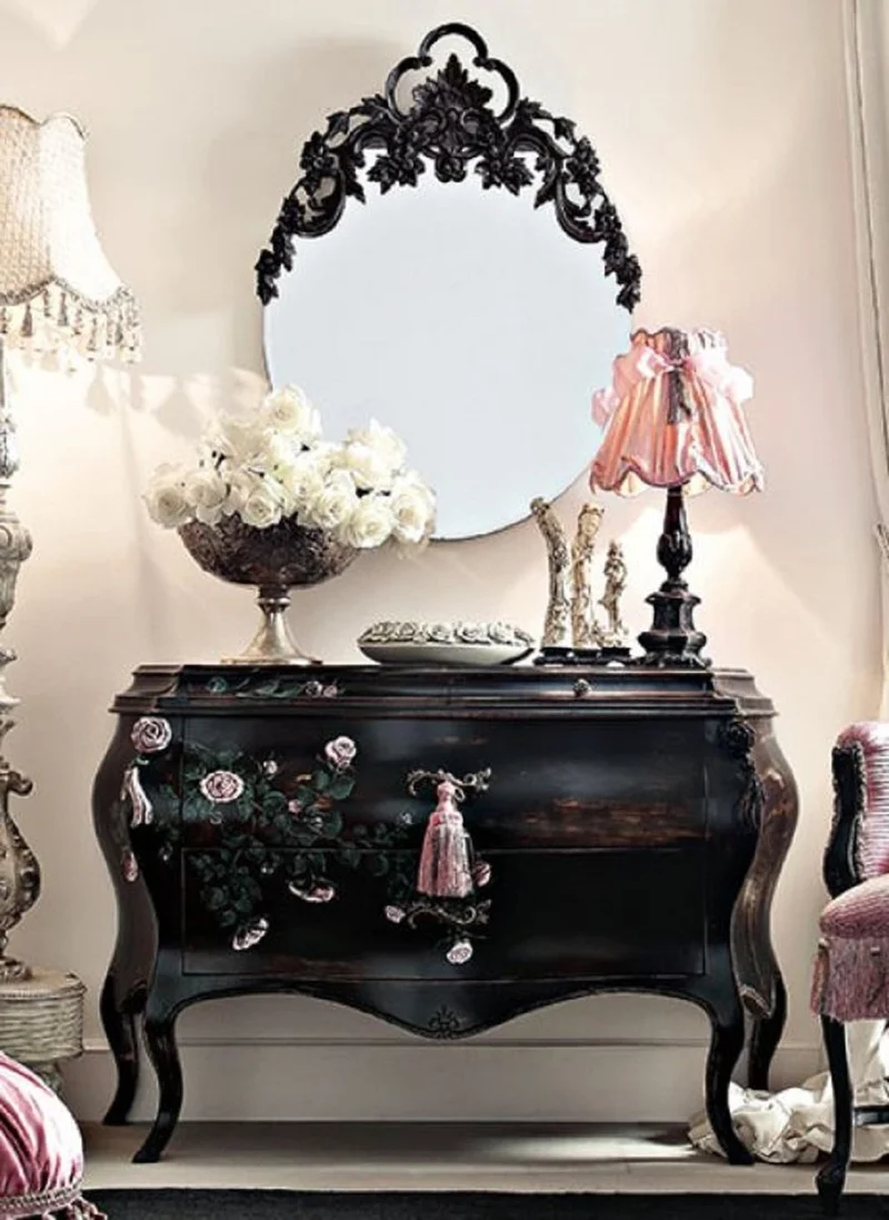 Casa Padrino Luxus Barock Kommode mit Spiegel Schwarz / Mehrfarbig / Rosa - Barock Spiegelkommode - Prunkvolle Barock Möbel - Hotel Möbel - Schloß Möbel - Erstklassische Qualität - Made in Italy