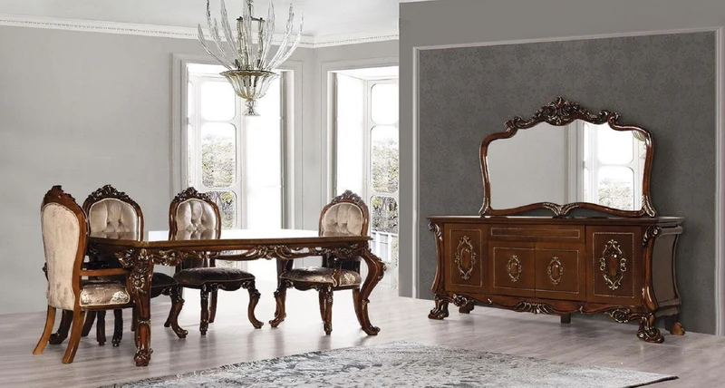 Casa Padrino Luxus Barock Esstisch Braun / Gold - Handgefertigter Massivholz Esszimmertisch im Barockstil - Prunkvolle Barock Esszimmer Möbel