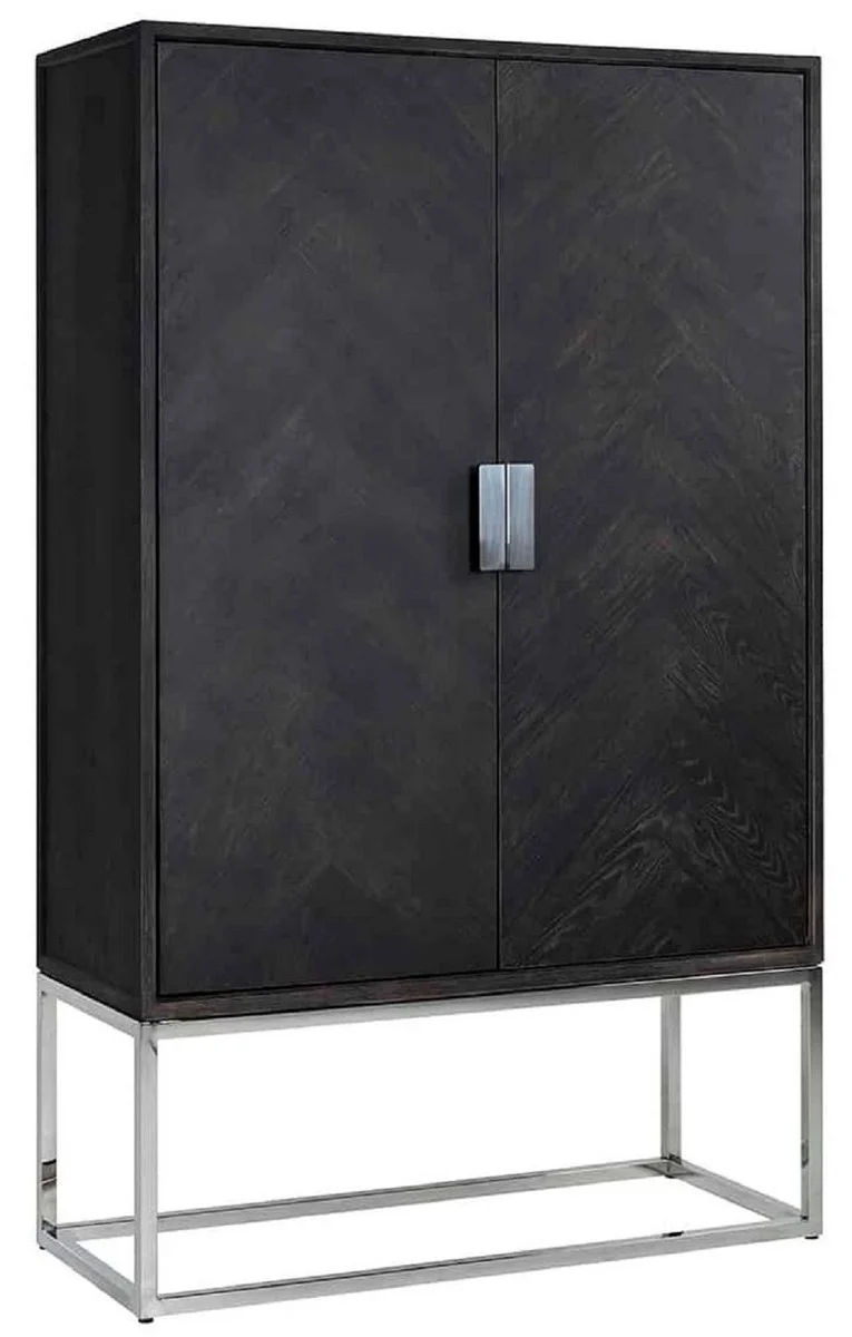 Casa Padrino Luxus Barschrank Schwarz / Silber 108 x 45 x H. 175 cm - Massivholz Schrank mit 2 Türen - Wohnzimmer Möbel - Bar Möbel - Hotel Möbel - Luxus Kollektion