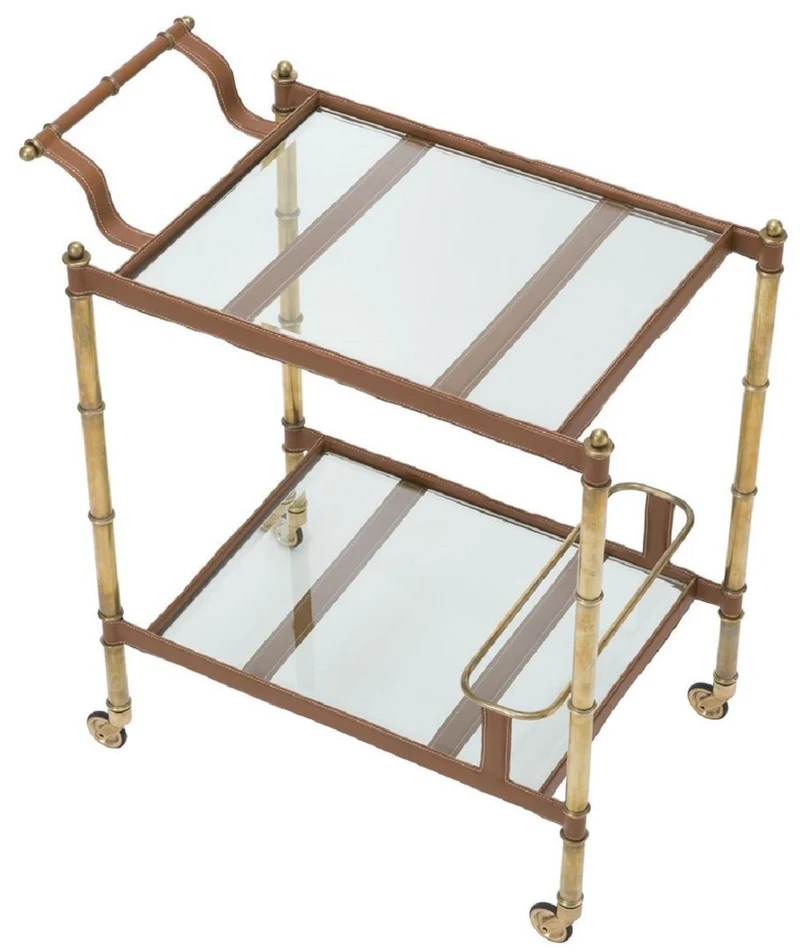 Casa Padrino Luxus Servierwagen Vintage Messingfarben / Braun 74 x 44,5 x H. 84 cm - Hotel Restaurant Gastronomie Trolley - Luxus Accessoires