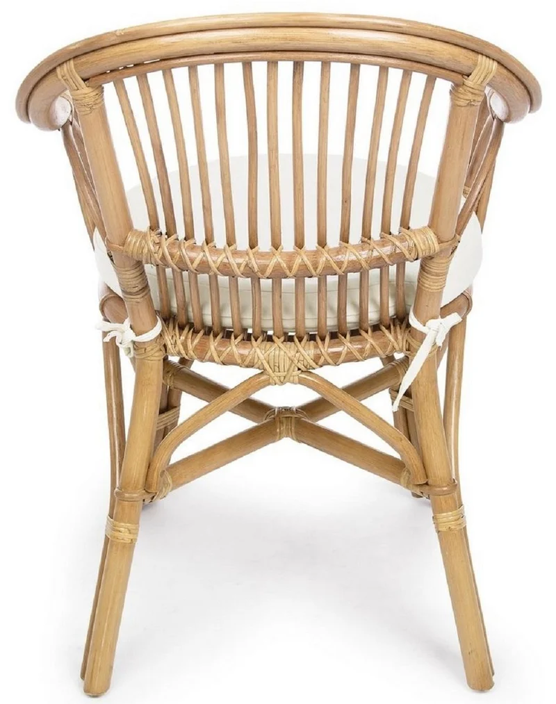 Casa Padrino Luxus Gartenstuhl 6er Set Naturfarben / Weiß 57 x 61 x H. 80 cm - Rattan Stühle mit Armlehnen und Sitzkissen - Moderne Rattan Garten & Terrassen Möbel