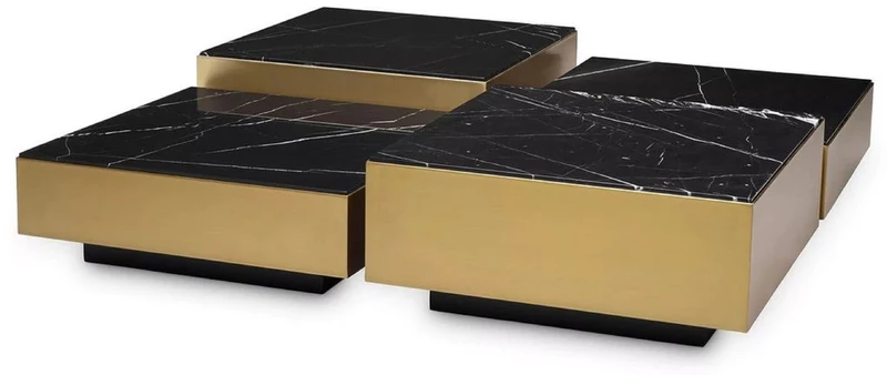 Casa Padrino Luxus Edelstahl Couchtisch Set mit Marmor Tischplatten Messingfarben / Schwarz - Wohnzimmer Möbel - Luxus Möbel - Luxus Kollektion