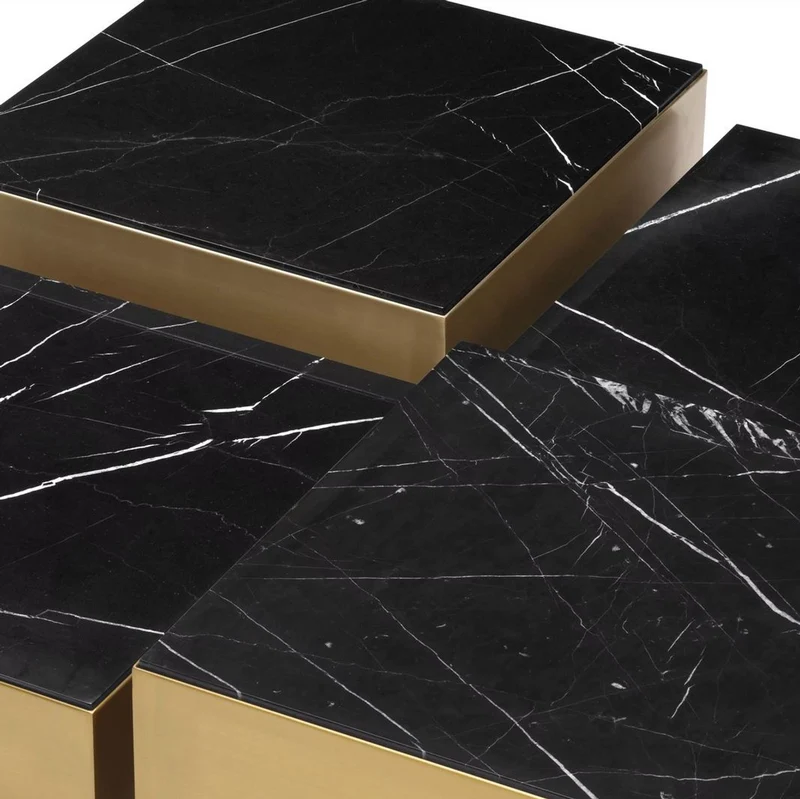Casa Padrino Luxus Edelstahl Couchtisch Set mit Marmor Tischplatten Messingfarben / Schwarz - Wohnzimmer Möbel - Luxus Möbel - Luxus Kollektion