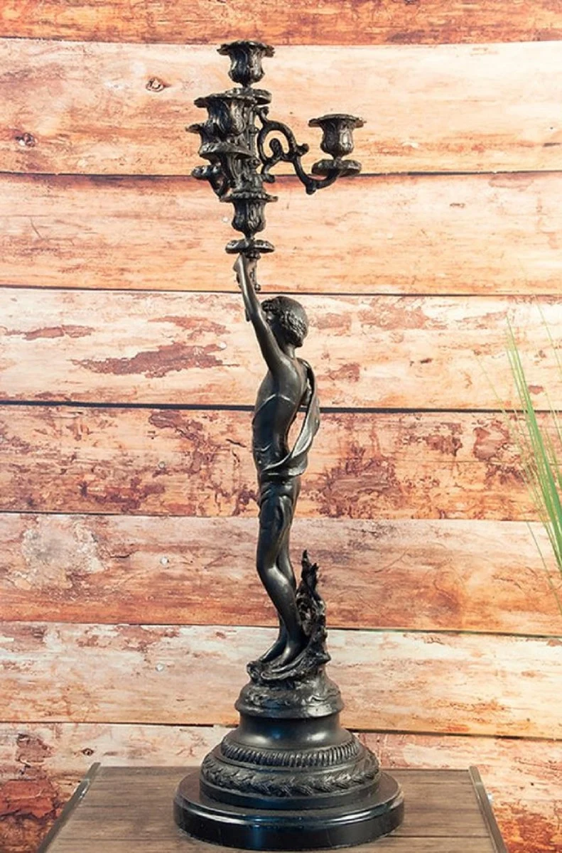 Casa Padrino Luxus Jugendstil Kerzenhalter Set Bronzefarben / Schwarz 23 x 20 x H. 69 cm - Elegante Bronze Kerzenständer mit Marmorsockel - Barock & Jugendstil Deko Accessoires