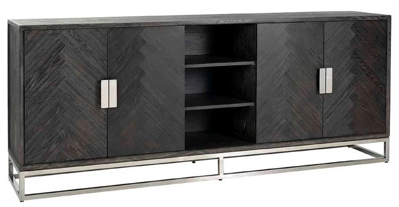 Casa Padrino Luxus Sideboard Schwarz / Silber 225 x 45 x H. 90 cm - Massivholz Schrank mit 4 Türen - Wohnzimmer Möbel - Hotel Möbel - Luxus Kollektion