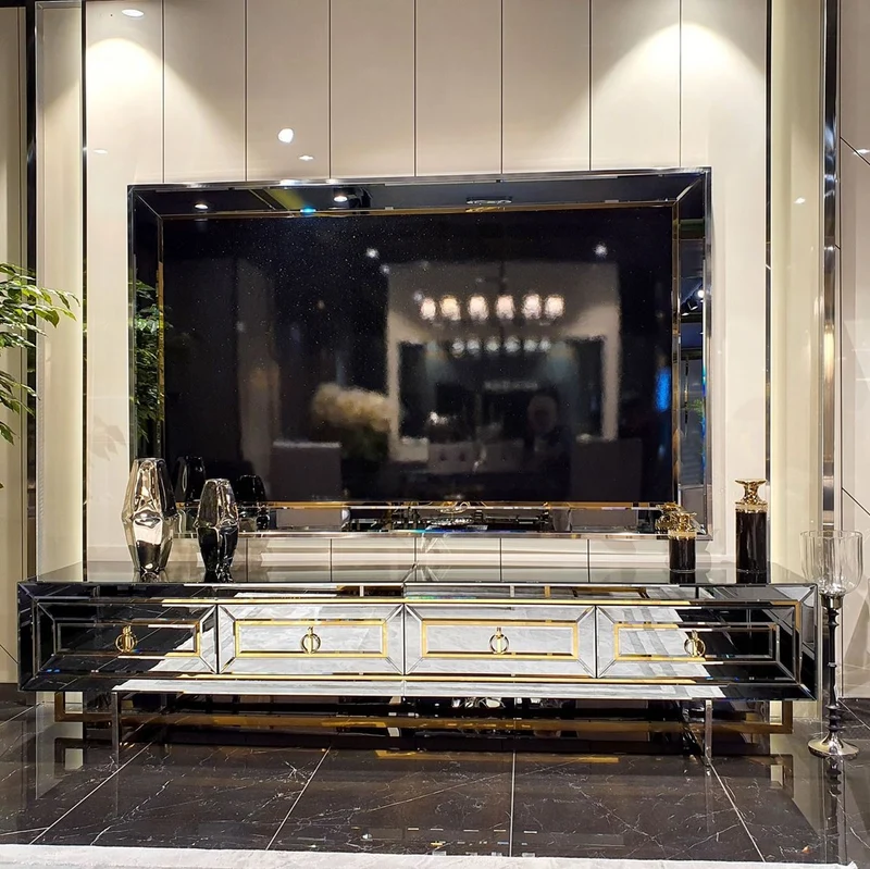 Casa Padrino Luxus Wohnzimmer Möbel Set Silber / Gold - Verspiegelter TV Schrank mit verspiegelter Rückwand - Verspiegelte Luxus Möbel
