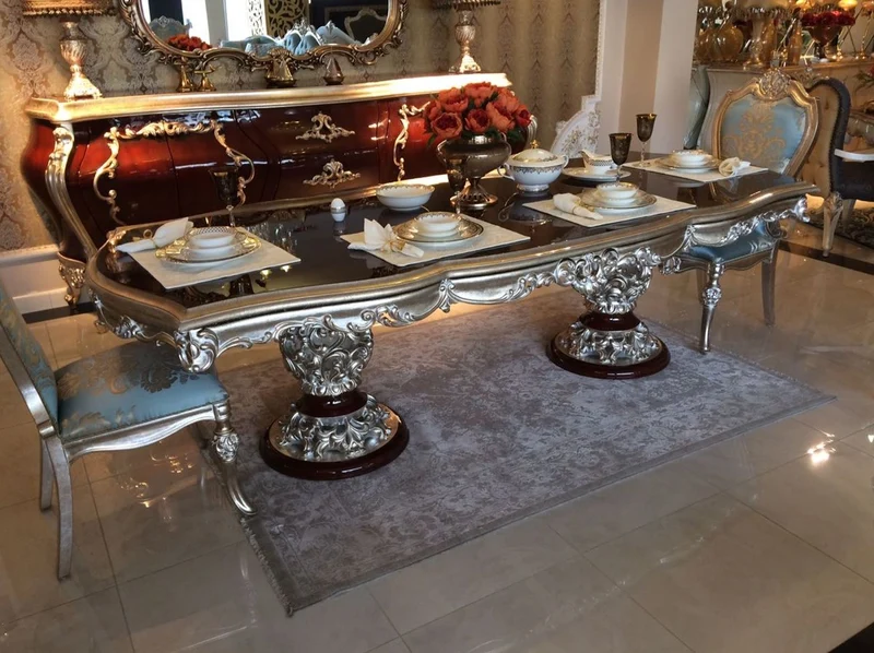 Casa Padrino Luxus Barock Esszimmerstuhl Hellblau / Beige / Silber - Prunkvoller Massivholz Küchenstuhl mit elegantem Muster - Barock Esszimmer Möbel