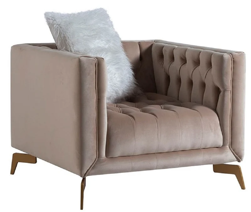 Casa Padrino Luxus Chesterfield Sessel Grau / Messingfarben 90 x 85 x H. 75 cm - Moderner Chesterfield Wohnzimmer Sessel - Luxus Chesterfield Wohnzimmer Möbel