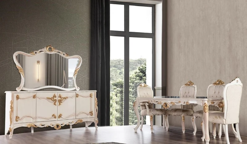 Casa Padrino Luxus Barock Esszimmer Set Grau / Weiß / Beige / Gold - 1 Barock Esstisch & 6 Barock Esszimmerstühle mit elegantem Muster - Esszimmer Möbel im Barockstil - Edel & Prunkvoll