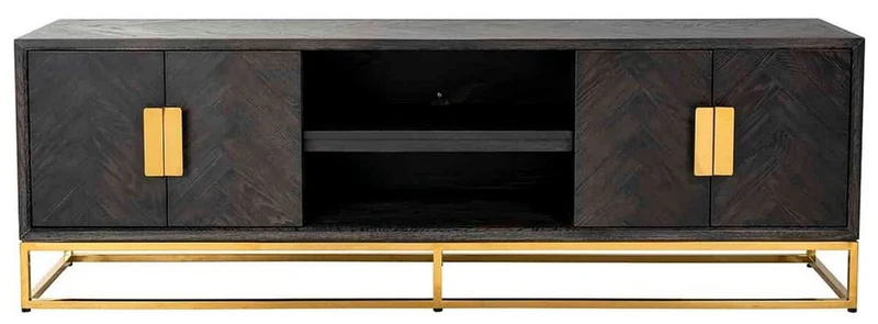 Casa Padrino Luxus TV Schrank Schwarz / Gold 185 x 42,5 x H. 60 cm - Massivholz Sideboard mit 4 Türen - Wohnzimmer Möbel - Hotel Möbel - Luxus Kollektion