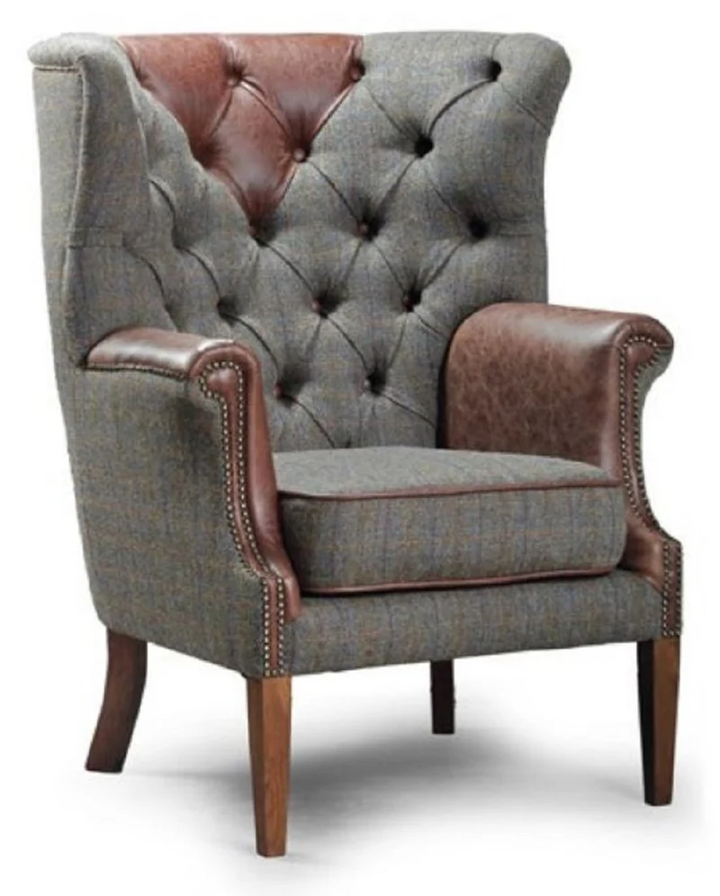 Casa Padrino Luxus Chesterfield Sessel Grau / Vintage Dunkelbraun / Braun 88 x 88 x H. 114 cm - Wohnzimmer Sessel mit Echtleder - Chesterfield Wohnzimmer Möbel