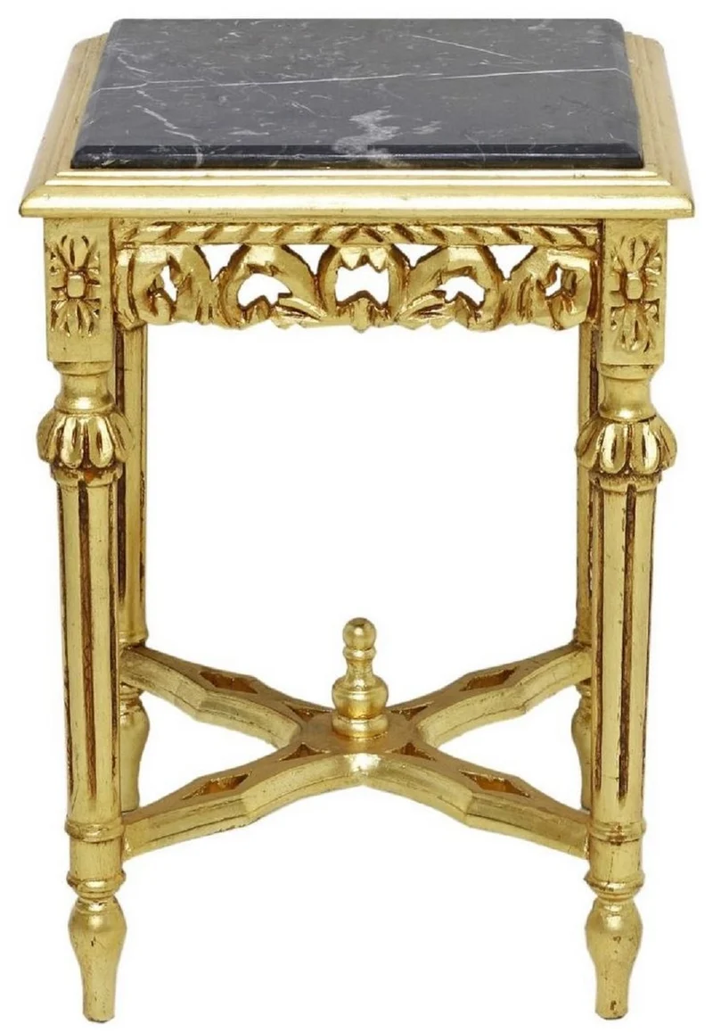 Casa Padrino Barock Beistelltisch Gold / Schwarz - Prunkvoller Massivholz Tisch mit Marmorplatte - Barock Wohnzimmer Möbel