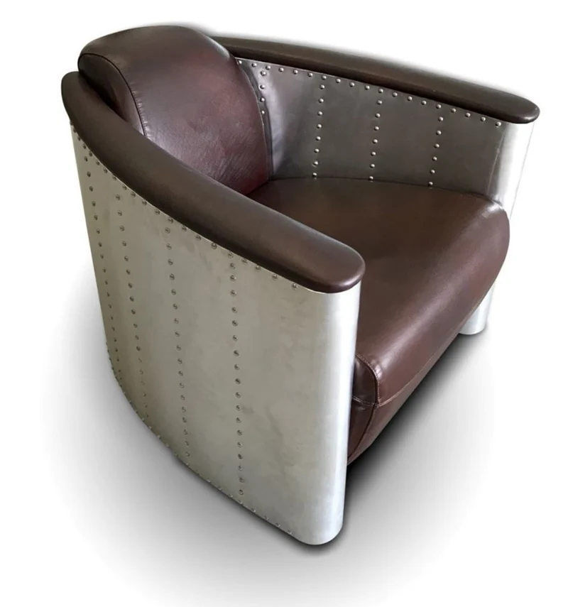 Casa Padrino Luxus Art Deco Leder Sessel 80 x 95 x H. 90 cm - Verschiedene Farben - Aluminium Wohnzimmer Sessel mit Echtleder - Aluminium Flugzeug Flieger Sessel Möbel