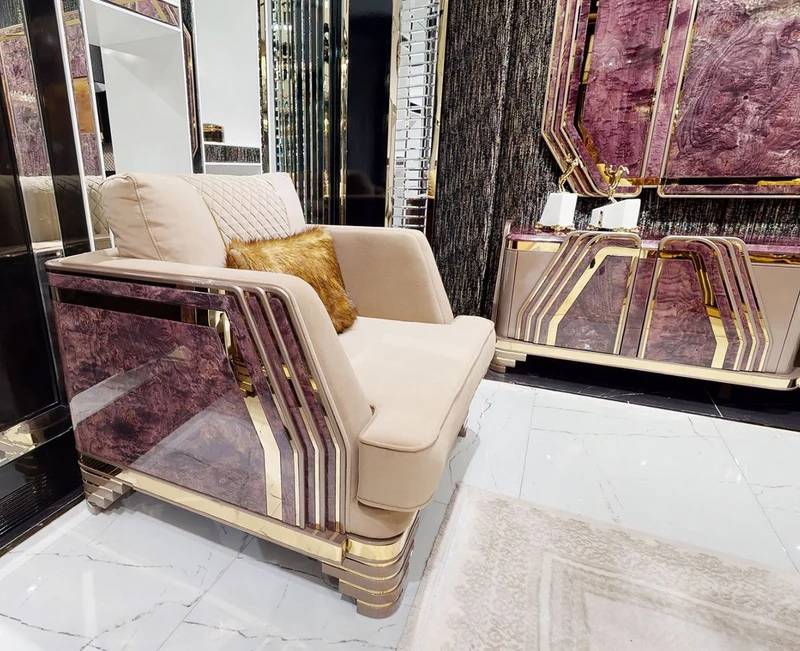Casa Padrino Luxus Art Deco Sessel Beige / Lila / Grau / Gold - Edler Wohnzimmer Sessel mit Marmoroptik - Luxus Art Deco Wohnzimmer & Hotel Möbel
