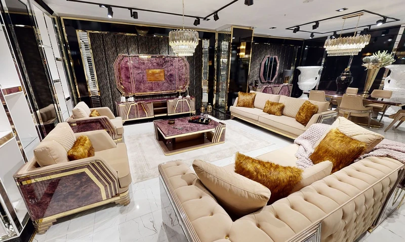 Casa Padrino Luxus Art Deco Sessel Beige / Lila / Grau / Gold - Edler Wohnzimmer Sessel mit Marmoroptik - Luxus Art Deco Wohnzimmer & Hotel Möbel