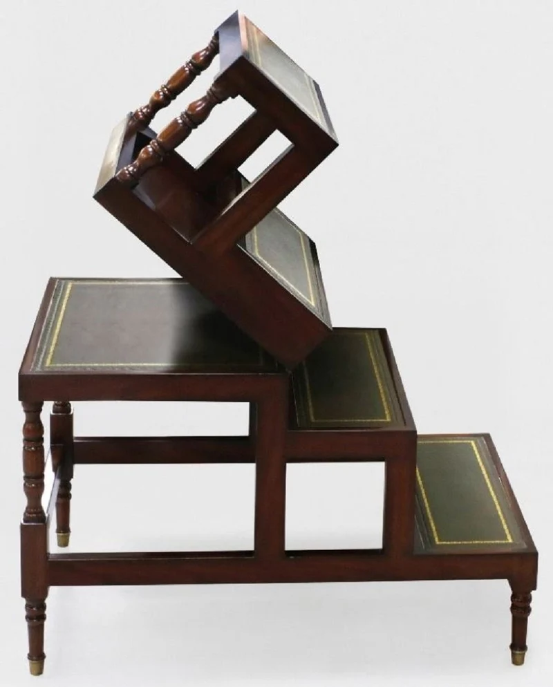 Casa Padrino Luxus Jugendstil Couchtisch Dunkelbraun / Grün / Gold - Ausklappbare Massivholz Bibliothekstreppe mit Echtleder - Jugendstil Wohnzimmer Möbel - Edel & Prunkvoll