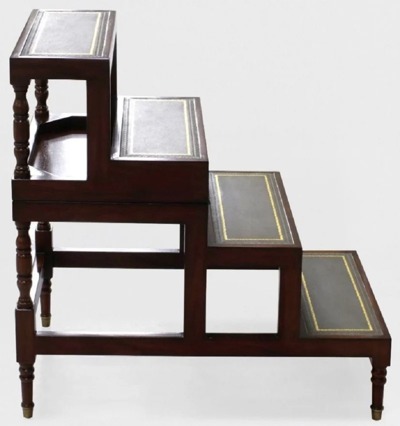 Casa Padrino Luxus Jugendstil Couchtisch Dunkelbraun / Grün / Gold - Ausklappbare Massivholz Bibliothekstreppe mit Echtleder - Jugendstil Wohnzimmer Möbel - Edel & Prunkvoll