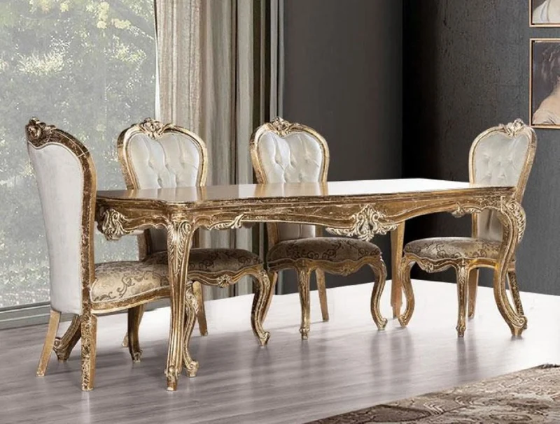Casa Padrino Luxus Barock Esszimmer Set Weiß / Gold / Antik Gold - 1 Barock Esstisch & 6 Barock Esszimmerstühle - Esszimmer Möbel im Barockstil - Edel & Prunkvoll