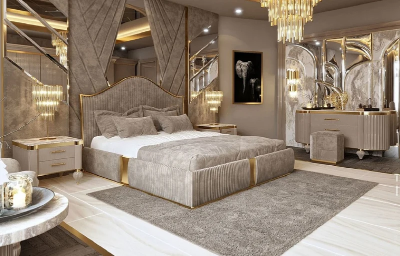 Casa Padrino Luxus Art Deco Schlafzimmer Set Grau / Weiß / Gold - 1 Doppelbett mit Kopfteil & 2 Nachttische - Art Deco Schlafzimmer & Hotel Möbel - Luxus Kollektion