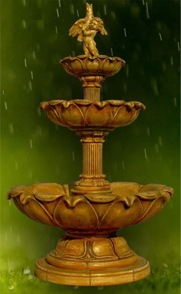 Casa Padrino Jugendstil Springbrunnen Antik Beige Ø 145 x H. 240 cm - Prunkvoller Gartenbrunnen - Gartendeko Brunnen - Barock & Jugendstil Garten Deko Accessoires