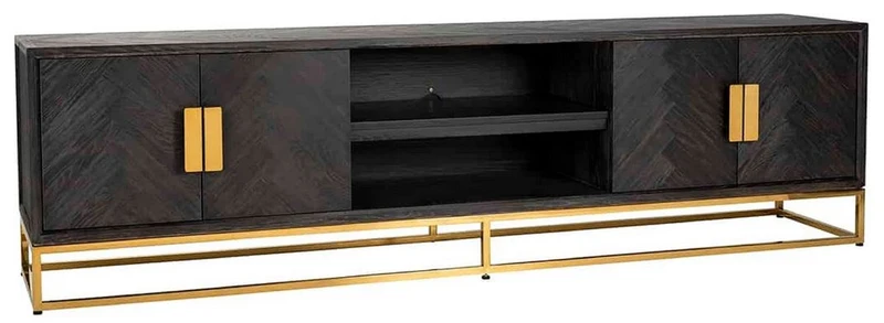 Casa Padrino Luxus TV Schrank Schwarz / Gold 220 x 42,5 x H. 60 cm - Massivholz Sideboard mit 4 Türen - Wohnzimmer Möbel - Hotel Möbel - Luxus Kollektion