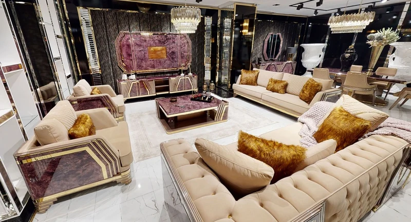 Casa Padrino Luxus Art Deco Wohnzimmer Set Beige / Lila / Grau / Gold - 2 Sofas & 2 Sessel & 1 Couchtisch - Luxus Art Deco Wohnzimmer & Hotel Möbel