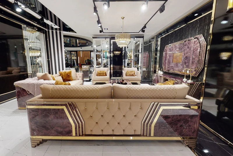 Casa Padrino Luxus Art Deco Wohnzimmer Set Beige / Lila / Grau / Gold - 2 Sofas & 2 Sessel & 1 Couchtisch - Luxus Art Deco Wohnzimmer & Hotel Möbel