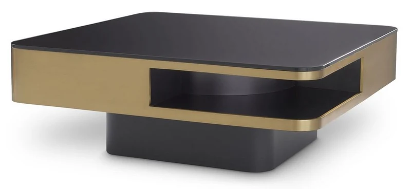 Casa Padrino Luxus Couchtisch Messingfarben / Schwarz 89,5 x 89,5 x H. 33,5 cm - Wohnzimmertisch mit Glasplatte - Wohnzimmer Möbel - Luxus Möbel