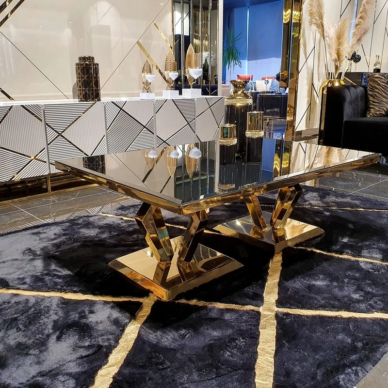 Casa Padrino Luxus Couchtisch Gold 120 x 60 x H. 43 cm - Moderner Wohnzimmertisch mit Glasplatte - Wohnzimmer Möbel - Luxus Kollektion