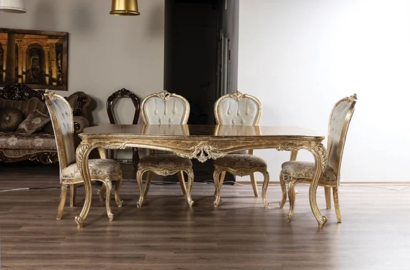 Casa Padrino Luxus Barock Esszimmerstuhl Set Weiß / Gold / Antik Gold - Handgefertigtes Küchen Stühle 6er Set mit elegantem Muster - Barock Esszimmer Möbel - Edel & Prunkvoll