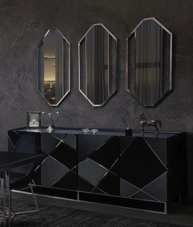 Casa Padrino Luxus Sideboard Schwarz / Silber 220 x 53 x H. 86 cm - Wohnzimmer Sideboard mit 4 Türen - Luxus Möbel