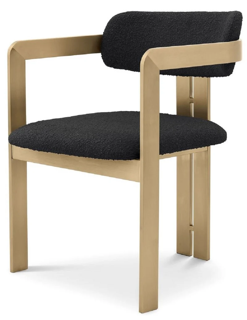 Casa Padrino Luxus Esszimmerstuhl Schwarz / Messingfarben 57,5 x 58 x H. 79 cm - Edler Küchenstuhl mit Armlehnen - Luxus Esszimmer Möbel