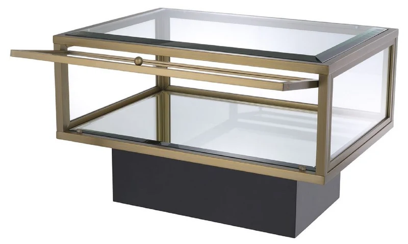 Casa Padrino Luxus Beistelltisch Messingfarben / Schwarz 70 x 50 x H. 46 cm - Rechteckiger Edelstahl Tisch mit Glasplatten und Spiegelglas Boden - Luxus Wohnzimmer & Hotel Möbel